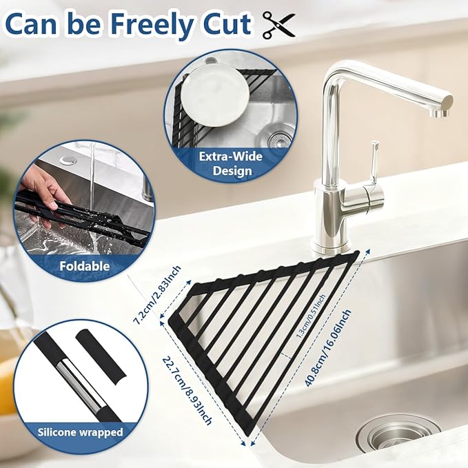Credon Triangle Roll Up Dish Drying Rack, Foldable Anti-Slip Kitchen Sink Drainer Organizer, Silicone Coated Stainless Steel Frame, Multipurpose Over Sink Corner Caddy for Space Saving (Black)
