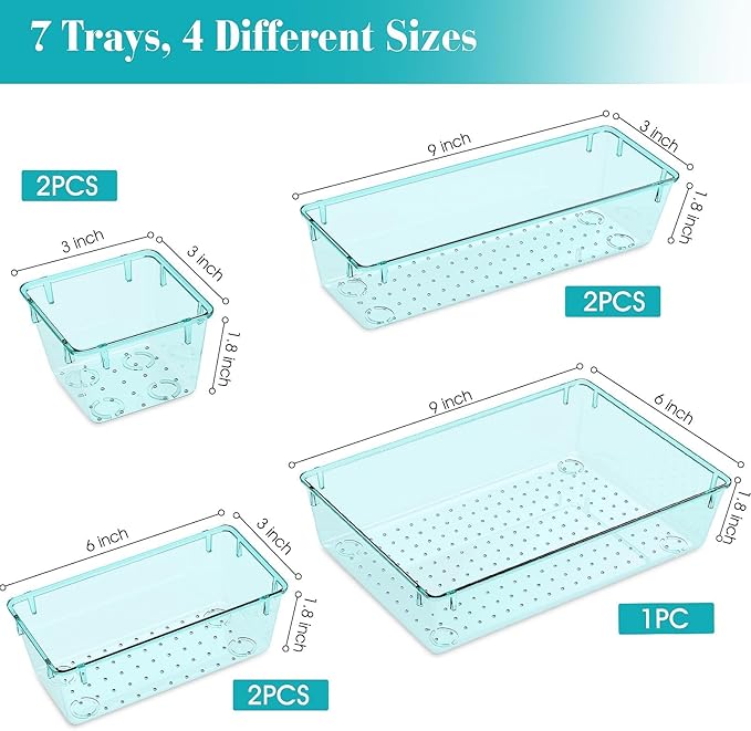7 PCS Clear Plastic Drawer Organizers Set, 4 Size Desk Drawer Organizer Trays for Makeup, Jewelry, Kitchen Utensils, Gadgets and Office Accessories, Sea Blue