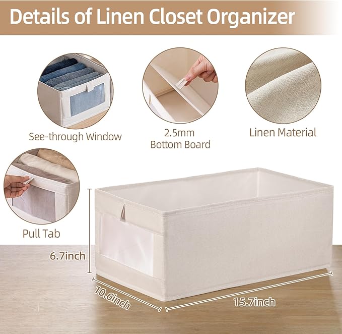 Linen Closet Organizers And Storage, 4 Pack Storage Bins Baskets for Organization Foldable Organizer with Clear Window Organizing Clothing, Jeans, Shelves