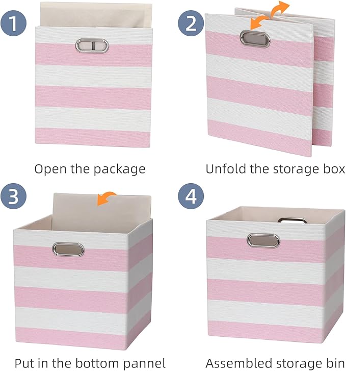 13x13x13 Storage Cube Bins, Foldable Storage Cubes Cubby Baskets Organizer Cloth Bins for Cube Storage Organizing Shelf Closet, Pack of 4, Pink/White Stripe