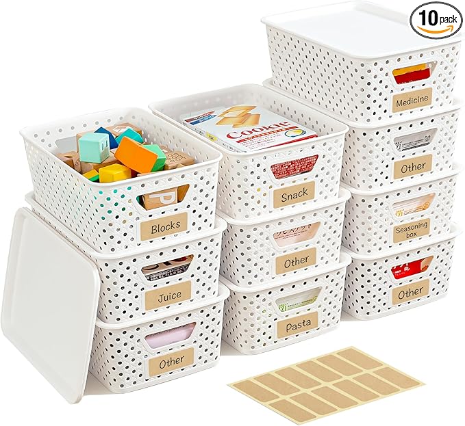 10 Pack Plastic Storage Bins with Lids, Stackable Plastic Storage Baskets for Organizing with Handles, Organizer Bins with Labels for Room, Craft, Containers for Pantry Organizers and Storage