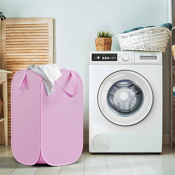 Polyester Strong Mesh Pop-up Laundry Hamper, Quality Pop Up Hampers for Laundry with Durable Handles Solid Bottom High Carbon Steel Frame, Easy to Open and Fold Flat for Storage(Light Pink)