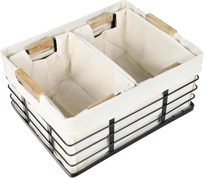 happimess BSK3002A-3SET Callan Vintage Industrial Wire Metal Nesting Storage Baskets with Wood Handles and Fabric Liner for Shelves, Cabinets, Pantry, Countertop, Mesh Open Bin, Black (Set of 3)