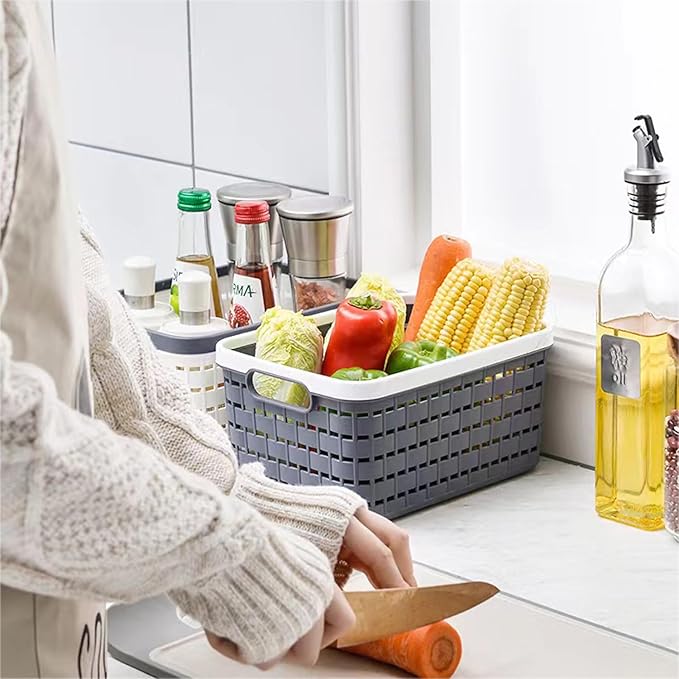 Plastic Storage Bin Baskets, Toilet Paper Basket for Bathroom, Plastic Organizer Shower Caddy with Handles for Living Room (Small Grey 2 pack)