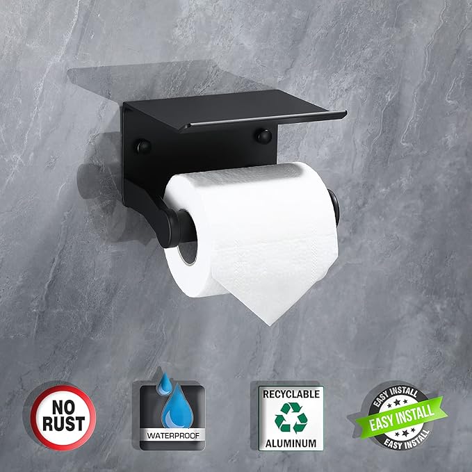 Toilet Paper Holder with Phone Shelf, Self Adhesive Aluminum Tissue Roll Dispenser for Mega Roll, Wall Mounted Toilet Paper Roll Holder for Bathroom, Matte Black