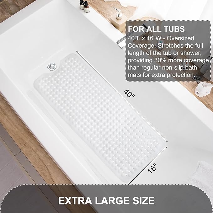 Bath Tub and Shower Mats, Non Slip 40 x 16 Inch Extra Large Bathtub Mat, Machine Washable Bathmat with Drain Holes, Suction Cups for Bathroom Floor, White