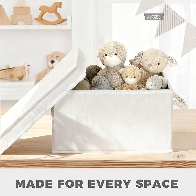 Set of 3 Fabric Bins for Organization - Foldable & Stackable With Lid & Rope Handles - Collapsible Fabric Storage Cubes Lightweight & Sturdy Bottom, Space Saving Collapsible Bin, Ivory