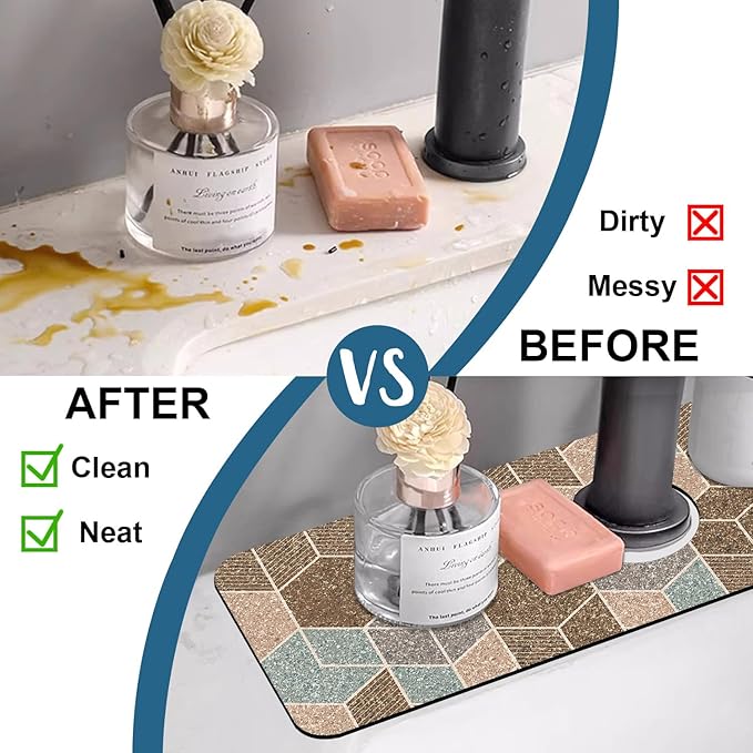Geometry Blocks Sink Splash Guard Glitter Geometry Faucet Absorbing Mat Fast Drying Mat Sink Gadgets Splash Guard Behind Faucet Drip Catcher for Kitchen Bathroom, 15.5"x5.5"