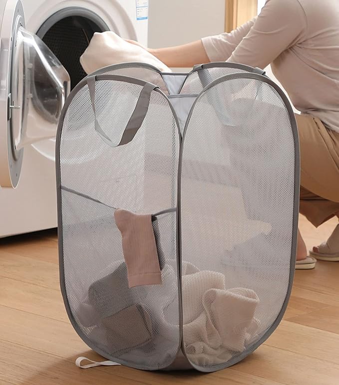 2 Pack Mesh Laundry Basket,Foldable Popup Laundry Hamper with Durable Handle,Easy to Open and Fold for Dorm, Laundry Room, Bedroom, RV(Gray+ Gray)…