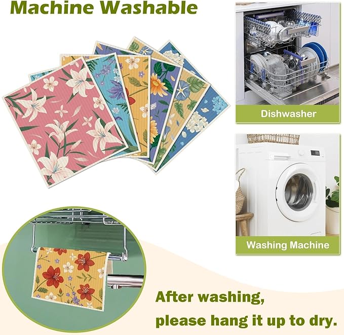6 Packs Swedish Paper Cloths for Kitchen, Reusable Paper Towels Washable Dish Rags, Highly Absorbent Kitchen Towels Quick Drying Swedish Sponge Cleaning Dish Cloths (Lily Floral)