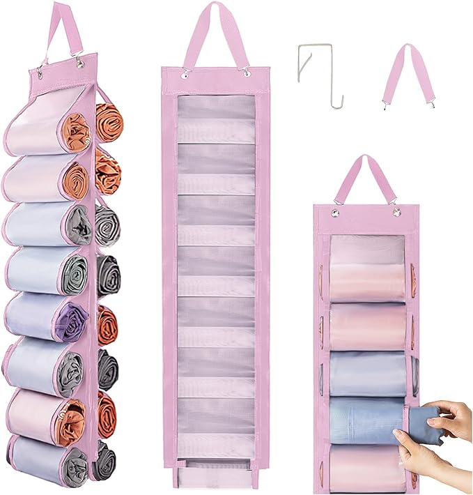 Legging Organizer Storage, T Shirt Organizer, Foldable Hanging Closet Organizer Storage with 16 Roll Independent Compartments for Yoga Pants, Tank Top, Towel, Underwear (Pink)