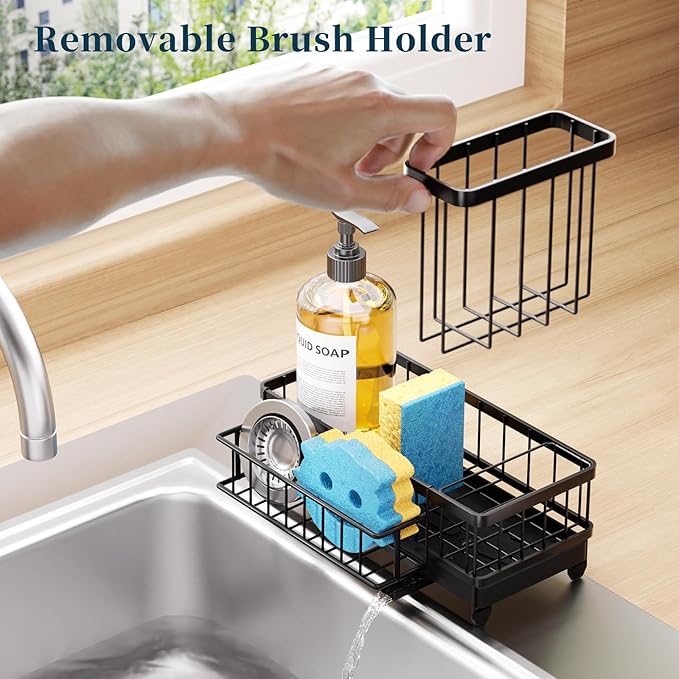 Consuemst Sponge Holder for Kitchen Sink - Auto Draining Sink Caddy Organizer with Detachable Rack, High Brush Holder, Kitchen Countertop Storage Accessories, Black