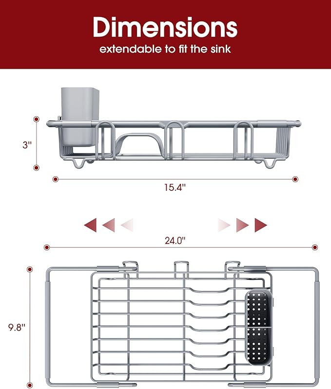 Dish Drying Rack in Sink - Expandable Stainless Steel Dish Rack Over The Sink, Kitchen Sink Drain Strainer with Cutlery Holder & Cup Holders, 15.4 x 9.8 x 3.0 Inch, Silver
