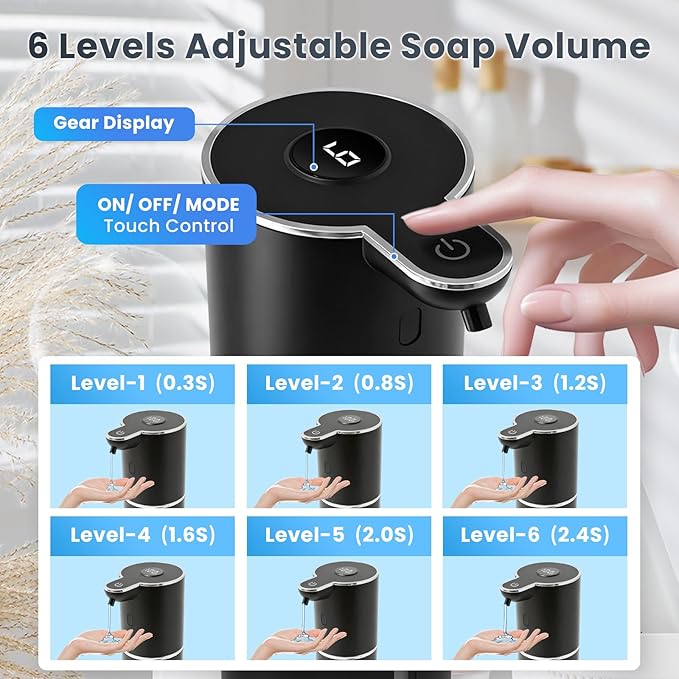 Automatic Soap Dispenser, Touchless Liquid Soap Dispensers, USB Rechargeable, 6-Level Adjustable Volume Control, 12.8oz/380ml, Wall Mount for Kitchen, Bathroom, Free Liquid Dispenser Stickers (Black)