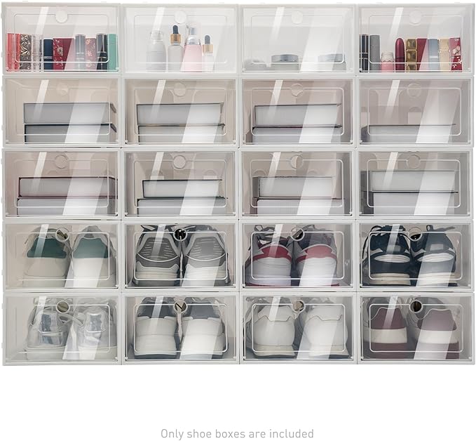 20 Pack Shoe Storage Boxes, Shoe Boxes Clear Plastic Stackable Shoe Organizer, Foldable Shoe Rack, Angel White | Space-Saving Home & Office Organizatio (20)