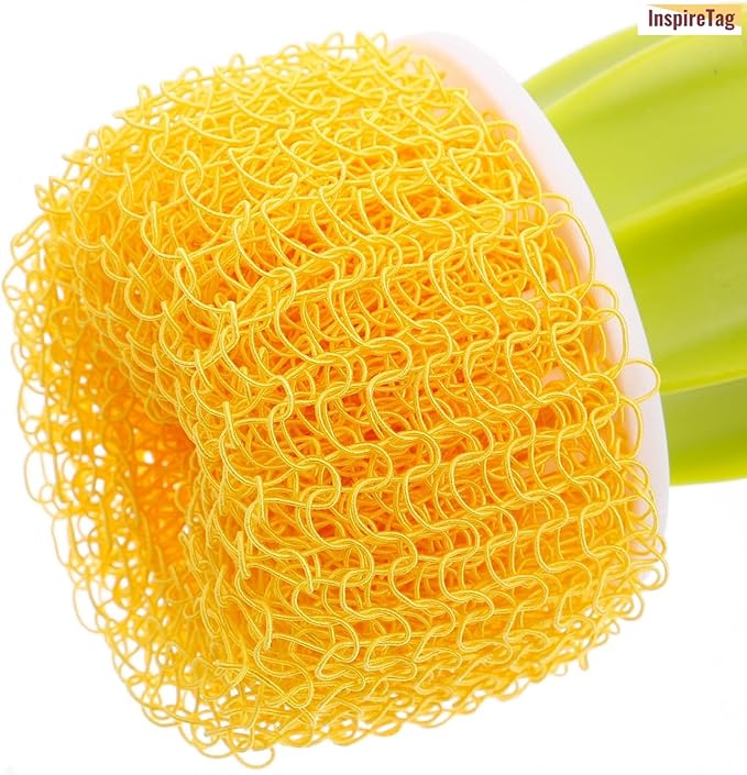 Kitchen Cleaning Brush Set with Holder & Drip Tray – 3 Head Cactus Scrub Brush, Row Brush, Mini Dish & Pot Brushes – Durable Multi-Purpose Scrubbers for Sink, Pans, Plates, Cups (Yellow)