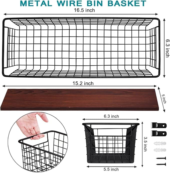 SheeChung 2 Set [Extra Large] Portable Metal Farmhouse Wall Decor Storage Organizer Basket Bin with Handles & Floating Shelves for Hanging in Bathroom, Kitchen, Office-Wall Mount Hooks, Black