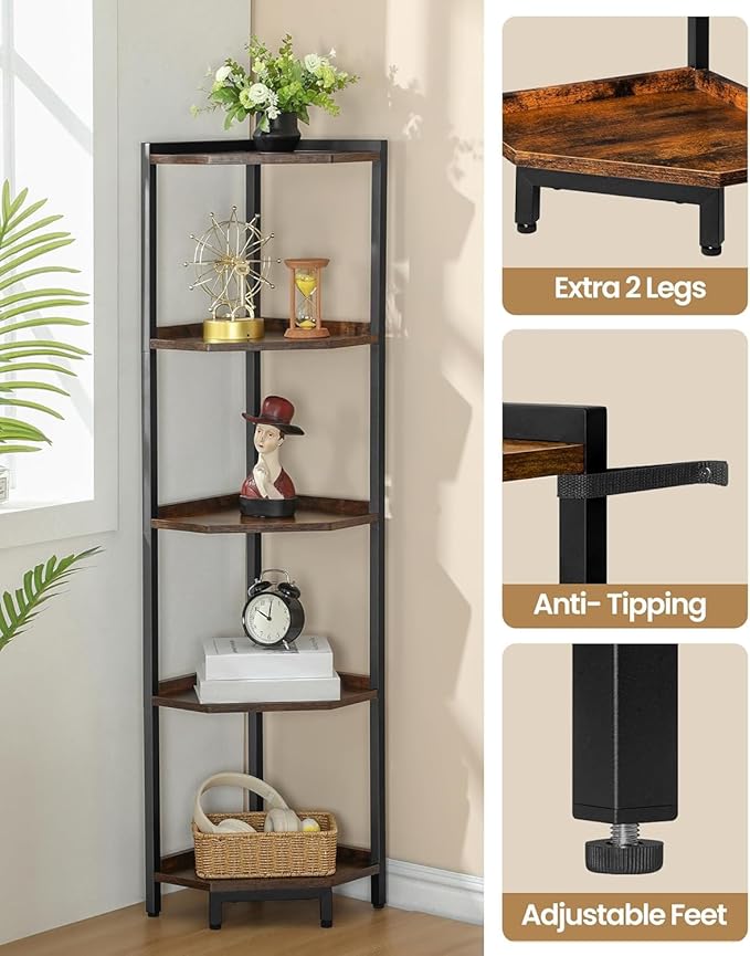 Corner Shelf Stand, Corner Bookshelf, Storage Standing Shelf Unit with Metal Frame, Plant Stand, Bookcase for Living Room, Home Office, Bedroom, 5-Tier Rustic Brown CS05901B