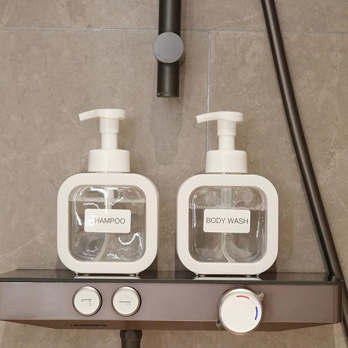 Foaming Soap Dispenser, 2 Pack 300ml (10oz) Plastic Refillable Foaming Hand Soap Dispenser with 16 Pcs Waterproof Labels, Foam Pump Bottle for Bathroom and Kitchen (White)