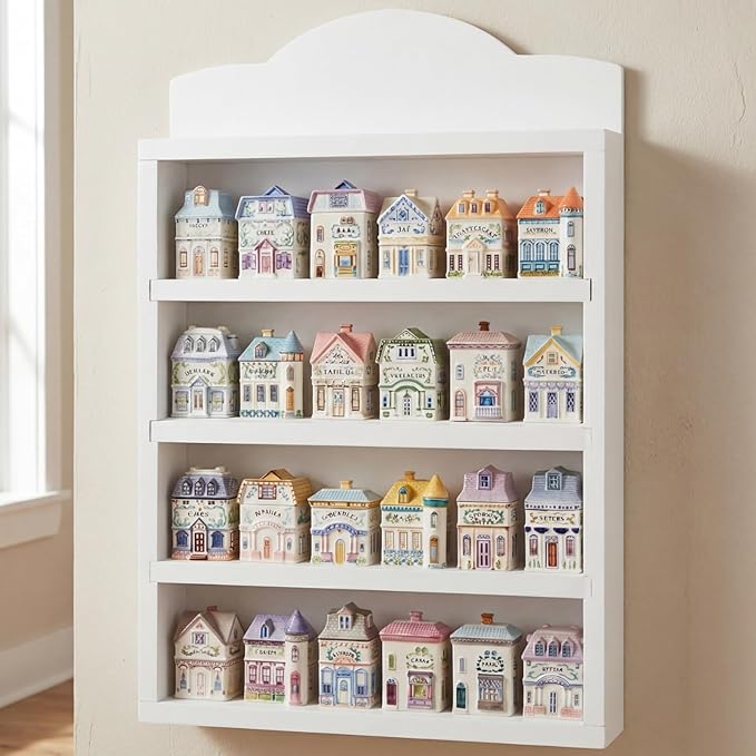 Chunful Vintage Spice Village Wooden Rack 22 x 17 x 4 Inches White Display Rack with 4 Shelves for Wall Mounting Kitchen Storage Spice Village Display Shelf for 24 Jars, Shelf Only