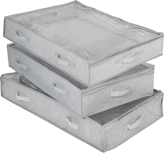 Honey-Can-Do 3-Pack Under Bed Fabric Storage Container Bags For Clothes & Blankets with Window and Handles, 34 x 17.9 x 5.9 Inches, Grey