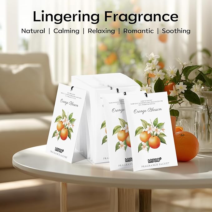 MYARO 12 Packs Orange Blossom Scent Sachets for Closet Home Long Lasting Shoe Odor Deodorizer Bathroom Car Air Frehener