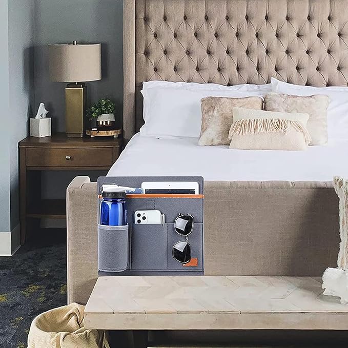 Bringsine Bedside Caddy, Felt Bed Storage Organizer Hanging Bag Holder with 5 Pockets for Magazine Book Phone Tablet iPad Cables Remote & Water Bottle Holder Home Dorm Bed Sofa-Light Teal