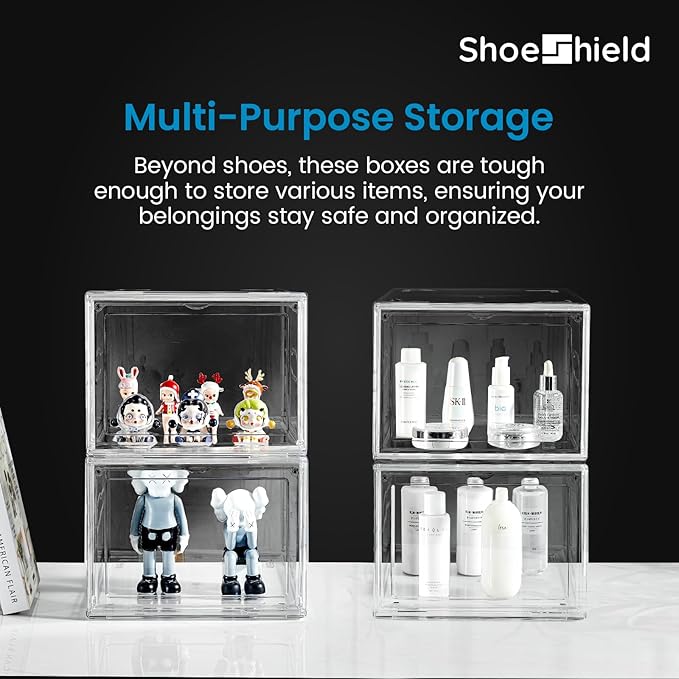 Ultra All Clear Shoe Boxes Plastic Stackable Professional Grade Shoe Display Case with Magnetic Front Drop Door Open Easy Assembly Modern Shoe Sneaker Display Case Fits US Size 14