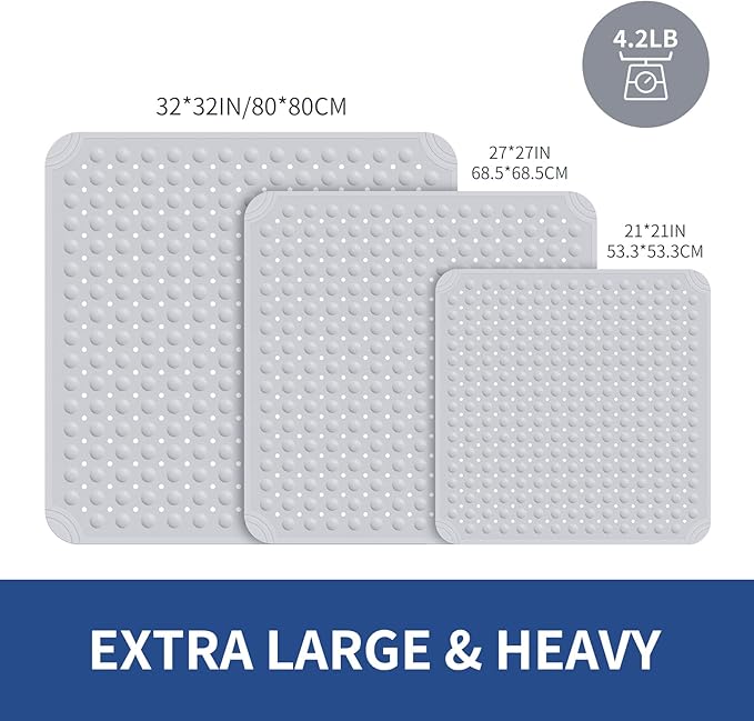 OTHWAY Square Shower Mat 32x32, TPE Non-Slip Shower Mats with Drain Holes and Suction Cups, Walk-in Mat for Inside Shower Stall, Anti-Slip for Elderly Kids (Light Grey)