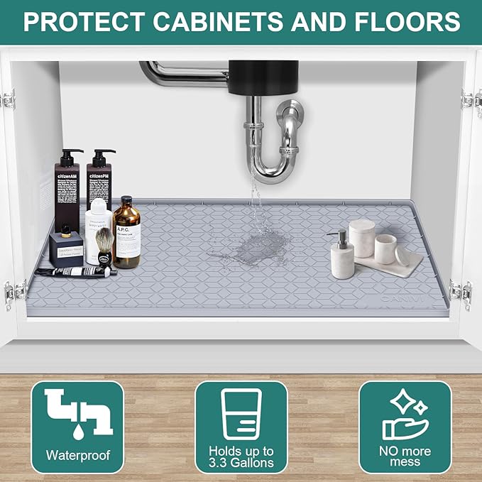 Under Sink Mat, 34" x 22" Waterproof Silicone Under Sink Tray for Kitchen & Laundry Cabinets, Kitchen Cabinet Shelf Protector, Up to 3.3 Gallons Liquid, Fits 36 inch Standard Cabinet Light Grey