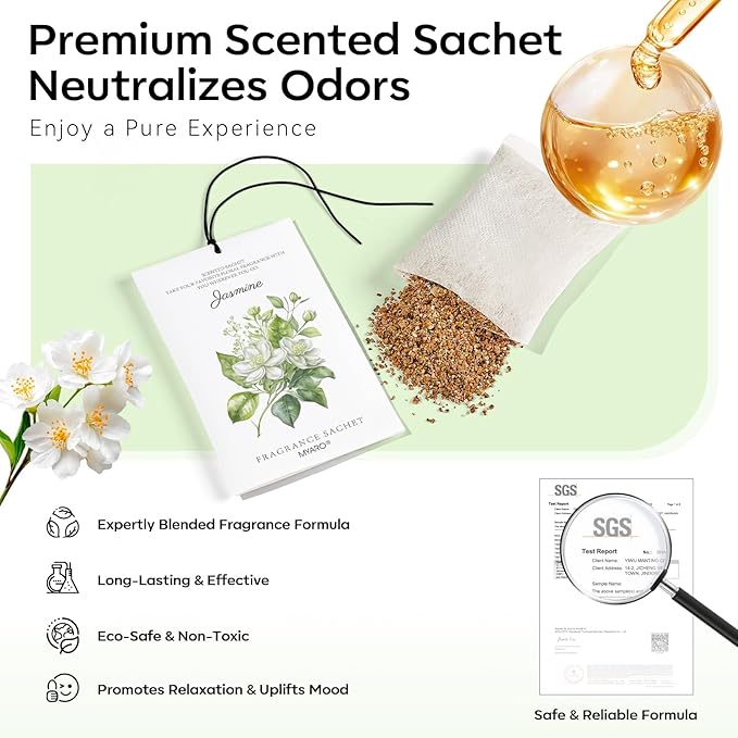 MYARO 12 Pack Jasmine Scented Sachets for Drawer, Closet & Small Spaces Air Freshener Bags, Odor Eliminator for Car, Shoes, Gym Bag Home Fragrance Gift Set