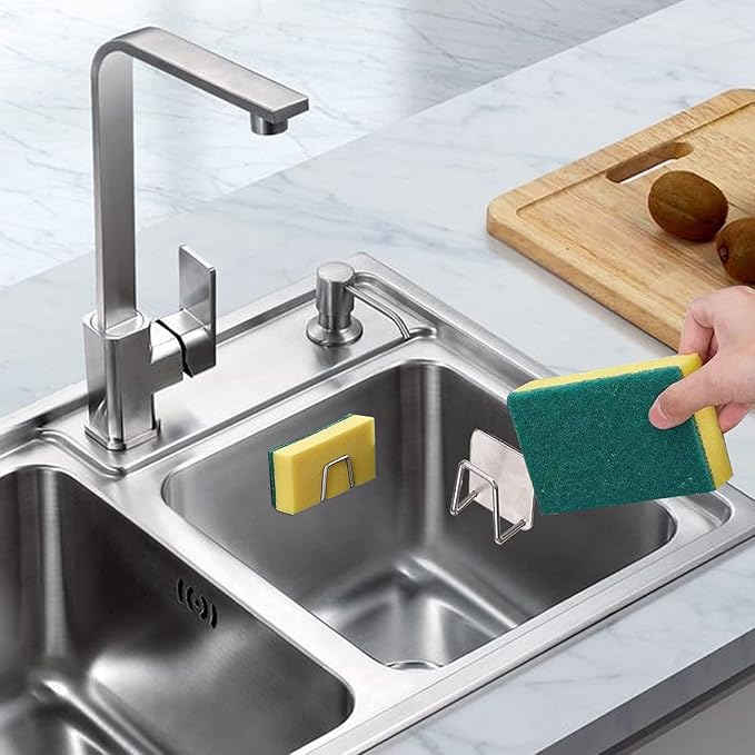 2Pcs Sponge Holder for Kitchen Sink，Strong Adhesive Small Sponge Holder，Sink Holder for Brush and Sponge，Premium Rustproof SUS304 Stainless Steel Rust Proof Waterproof (Silver)