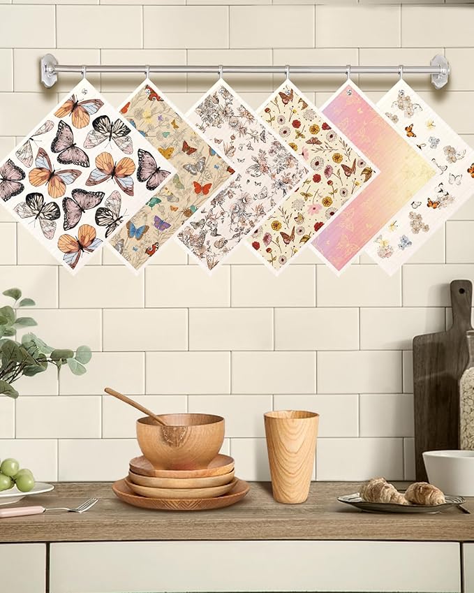 Kitchen Swedish Dishcloths with Hooks - 6 Pack Reusable Dish Cloths for Washing Dishes Fast Drying Cute Fun Swedish Dish Towels Washable Cleaning Sponge, Plant Butterfly