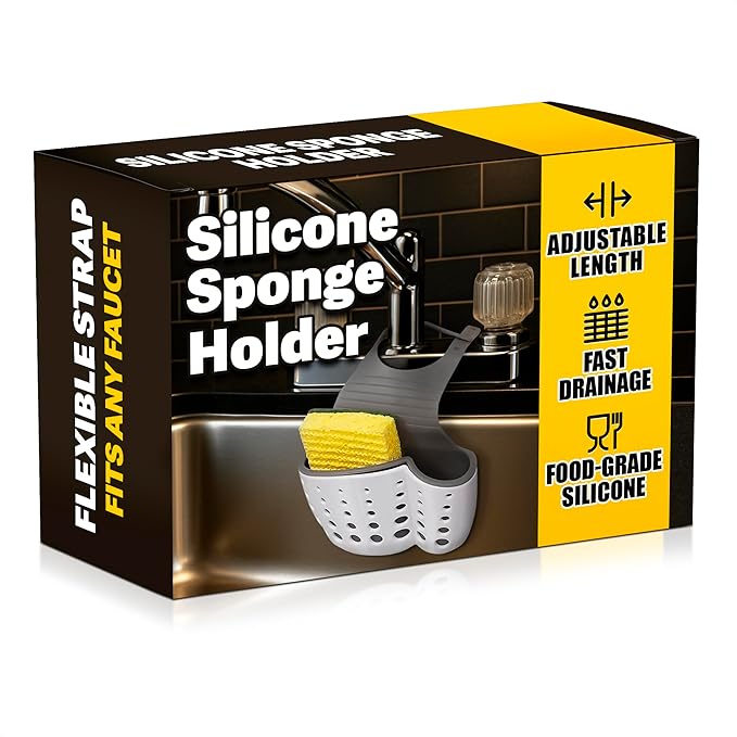 Reluen Silicone Sponge Holder For Kitchen Sink - Over The Faucet Sink Sponge Holder Hanging, 5.7 x 3.22 x 2.2 Convenient Size - Adjustable Silicone Holders With Strap, Easy to Use and Clean