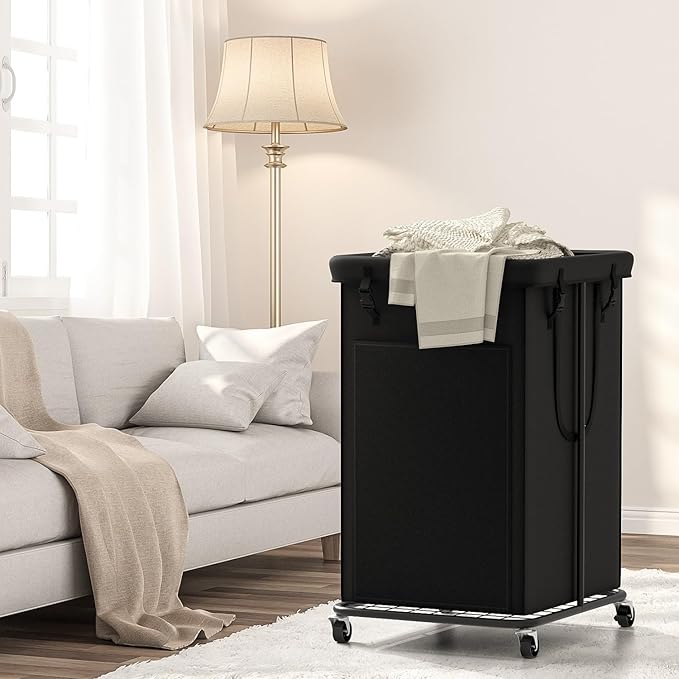 Laundry Basket 155L, Oxford Fabric Laundry Hampers, Metal Frame and Removable Bag Design with Wheels, Suitable for Bedroom, Bathroom, Dorm Room, Laundry Room (Pure Black)