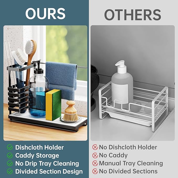 NiHome Multifunctional Kitchen Sink Caddy Organizer with Elevated Brush Holder, Quick-Drying Diatomaceous Earth Base Space-Saving Storage for Detergent Bottles, Sponges, Small Accessories