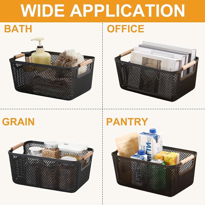Tioncy 4 Pcs Plastic Mesh Baskets with Wood Handle Woven Mesh Storage Organizer Bins Multi-function Rectangle Baskets for Home Pantries Shelves Closet Kitchens Bedrooms(10.4 x 7.2 x 4.7 Inches)