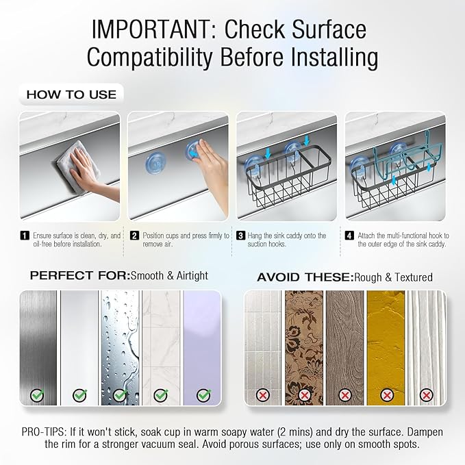 3-in-1 Kitchen Sink Caddy Organizer with Sponge Holder, Brush Holder, Extra Rack for Scrubber, Sink Stopper, Dish Cloth Hanger - Strong Dual Suction Cup, 2.0mm SUS304 Stainless Steel - Grey