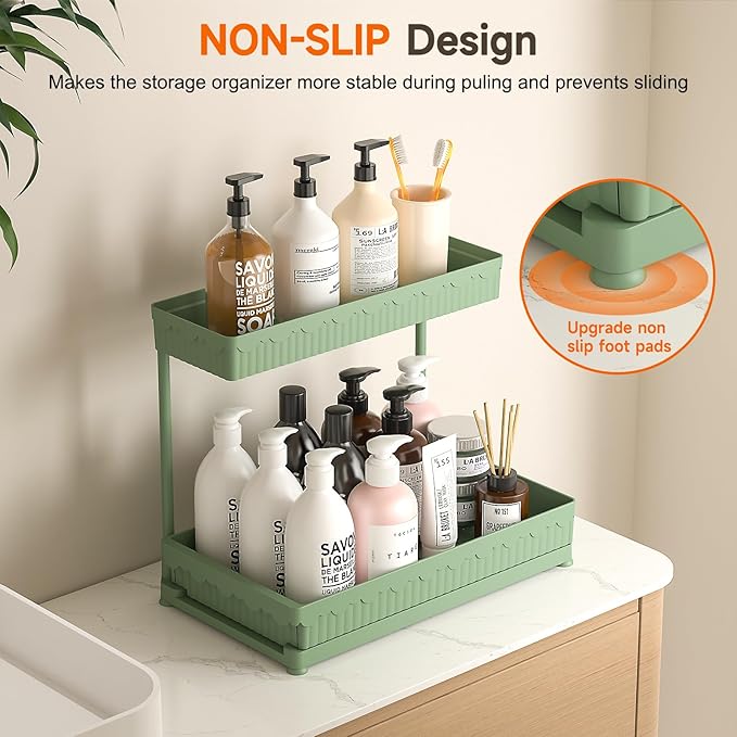 3 Pack Multi-Purpose Under Sink Organizers and Storage, 2026 L-Shaped Pull Out Cabinet Organizer for Bathroom & Kitchen, Under Cabinet Organizer with Hooks Hanging Cup, Green
