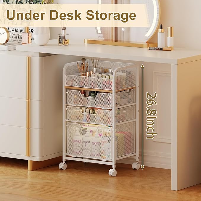 Makeup Cart Organizer with 3 Drawers,Floor Skincare Organizers with Dividers, Vanity Organizer Cosmetics Display Cases Holder for Skin Care Nail Polish Perfume Makeup brush Hair Tool,White