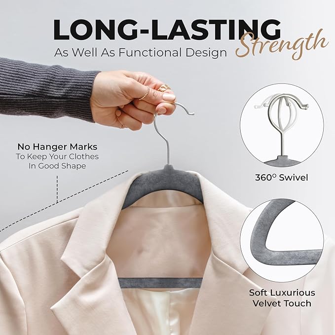 100 Pack Velvet Hanger for Shirt Pants Dresses Skirts Suits Jackets - Slim Space Saving Design - Standard Coat Hanger - Sturdy & Durable Design with Shoulder Grooves Hook