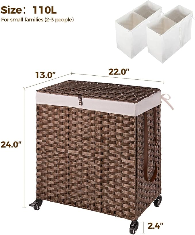 Greenstell Laundry Hamper with Wheels, No Install Needed, 110L Divided Handwoven Hampers & 2 Removable Liner Bags, Rattan Clothes Laundry Basket with Lid & Handles, Foldable Hampers Brown 22x13x26.4In