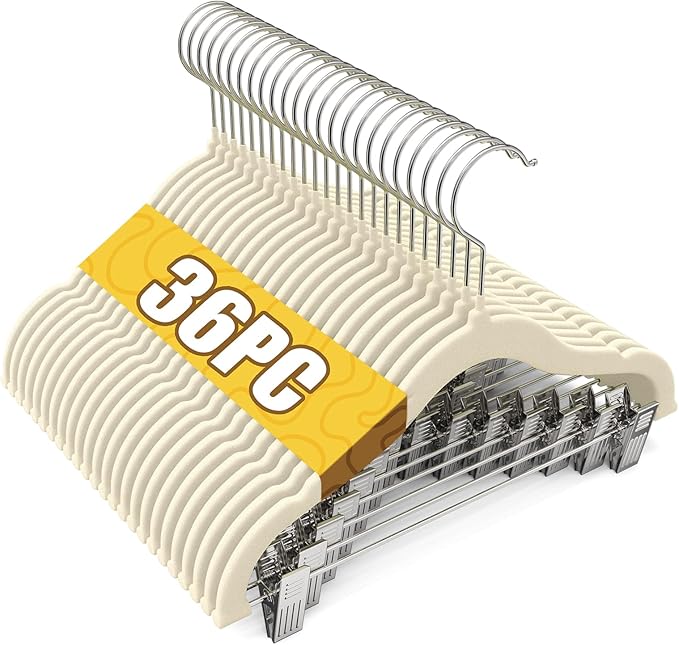 Flottian 36-Pack Baby and Kids Velvet Hangers with Clips, Non Slip and Space-Saving Kids Pants Hangers for Baby/Toddler Pants, Skirts, Coats, Beige