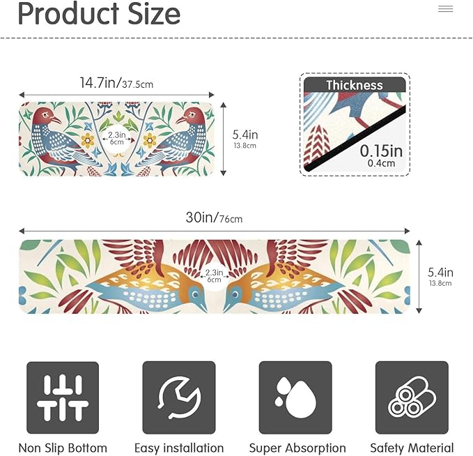 Kitchen Sink Splash Guard Sink Faucet Mat Faucet Handle Drip Catcher Drain Mats for Kitchen Bathroom Countertop Absorbent Dish Drying Mat Pad 2pack 14.7x5.4Inch Retro Floral Birds