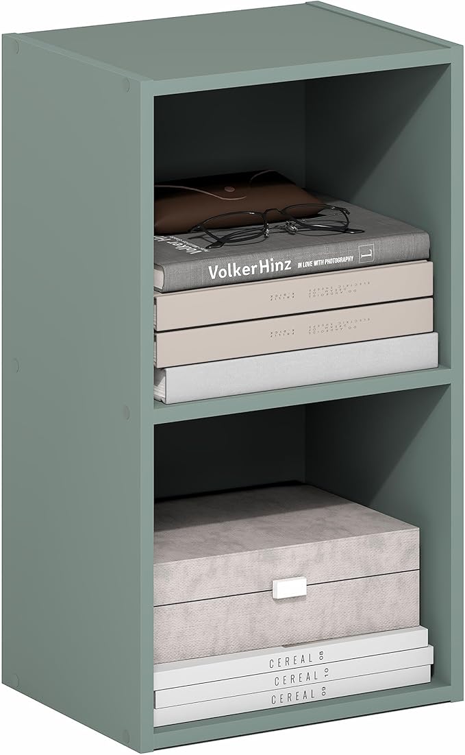 Furinno PASIR Book Shelf, 2-Tier Modern Bookshelf, Open Shelves Bookcase 9 x 12 x 21, for Living Room, Bedroom, Home Office, Sage Green