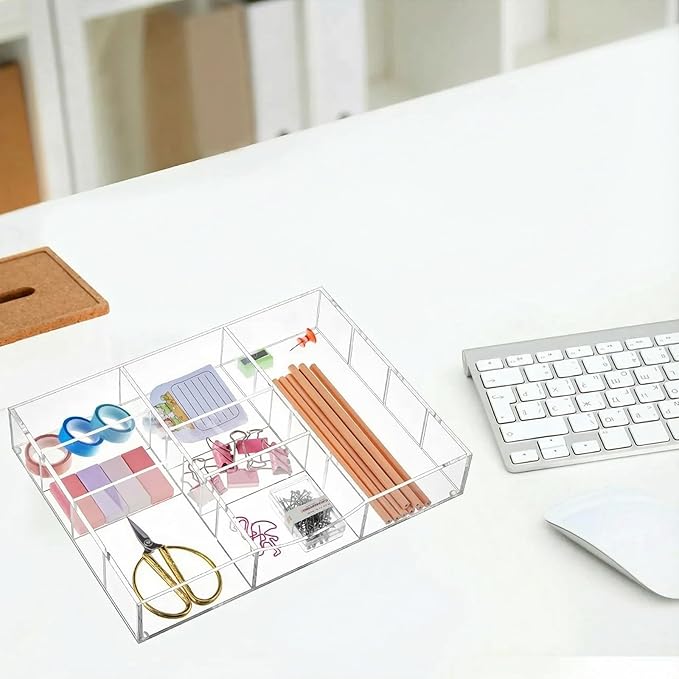 Acrylic Drawer Organizer Clear Desk Drawer Organizer Trays with Adjustable Compartments Desk Accessories for Office Stationery Makeup Silverware Bathroom (Non Expandable)