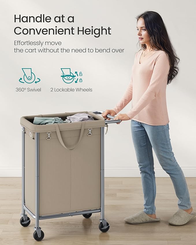 SONGMICS Laundry Basket with Wheels, 2-Section Rolling Laundry Hamper, 37 Gallons (140 L), Removable Liner, Steel Frame with Handle, 27.2 x 15.4 x 31.9 Inches, Camel Brown URLS004N01