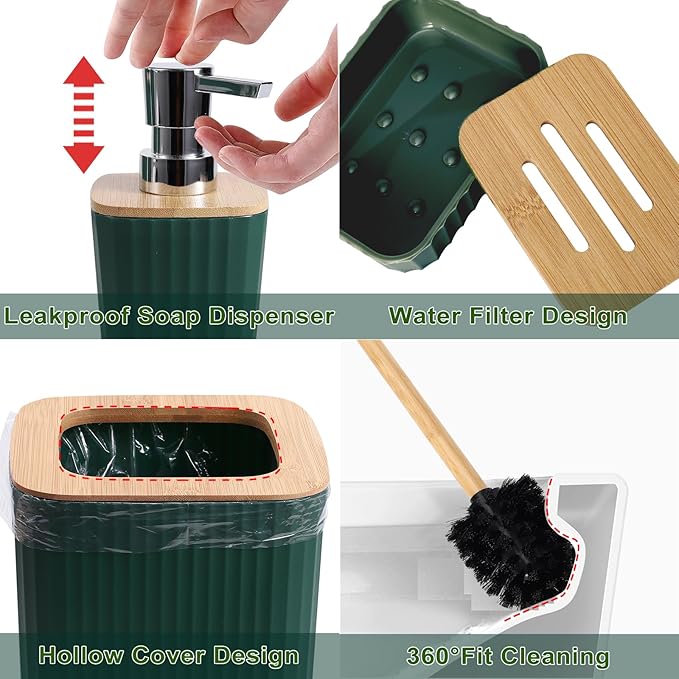 Dark Green Bathroom Accessories Set, 9-Piece Green Bathroom Set with Trash Can, Tray, Soap Dispenser, Toothbrush Holder, Toothbrush Cup, Soap Dish, Toilet Brush and Q-tip Holders