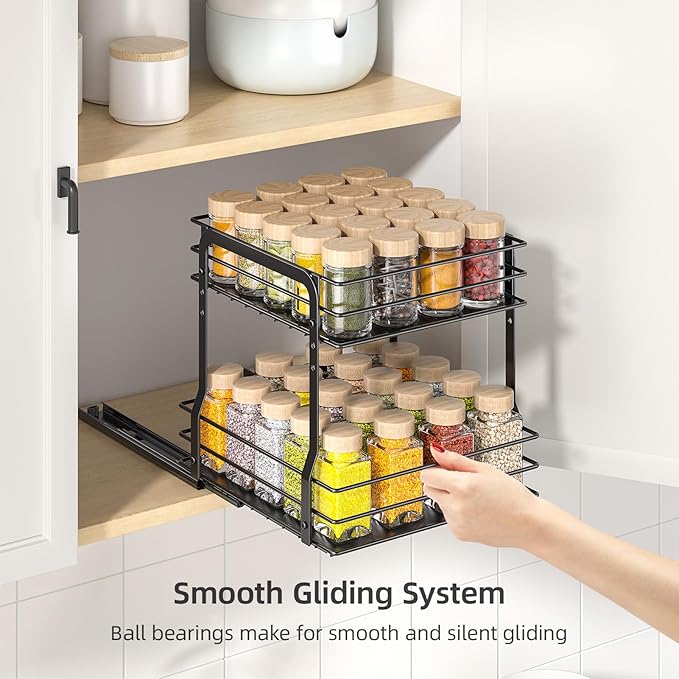 Pull Out Spice Rack Organizer for Inside Cabinet, 2 Tier Metal Spice Organization for Cabinet, 9.65"W x 10.7"D x 10.24"H, Vertical Slide Out Seasoning Organizer (Not for Cabinet with Lip)
