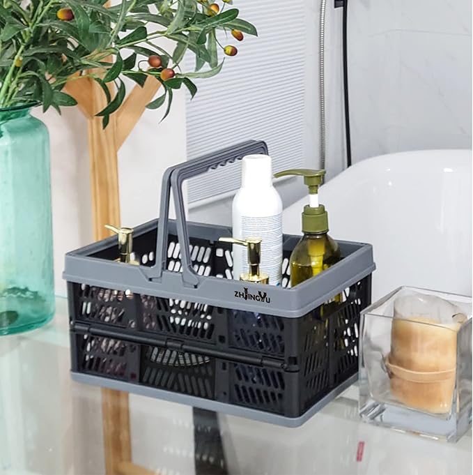 crates for storage,plastic baskets for organizing,collapsible shopping basket,foldable crate with Handles,collapsible storage crate,car basket,for Kitchen,Bathroom,Medicine (Black, S)